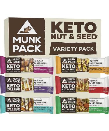 Munk Pack Keto Nut & Seed Bar | Variety Pack | 6 Bars | Low Carb Keto Snack | Plant Based and Gluten Free Treat | No Added Sugar | Keto Food | Keto Candy Bar | 1g Sugar 3g Net Carbs Variety 6 Count (Pack of 1)