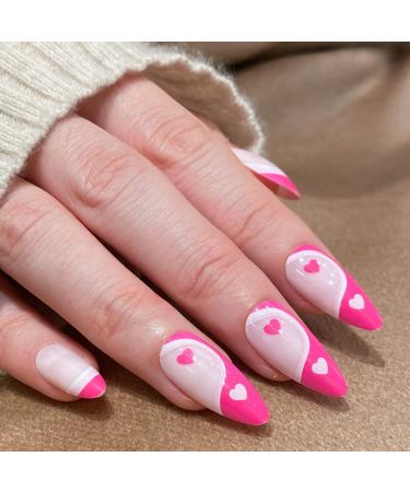 NOVO OVO Medium Long Oval Stiletto Pale Hot Pink French Tip with Yinyang Heart Thick False Fake Press on Nails LOVE CYCLE Glossy Taichi Elegant Stick on Acrylic Kit with Glue for Valentine's Spring