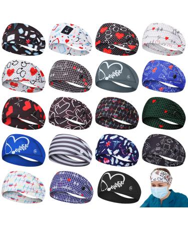Jexine 20 Pcs Nursing Headbands with Buttons Wide Elastic Stretch Nurse Hair Bands Non Slip Face Covering Ear Protection for Nurse Doctors Women Spa Yoga Sports Workout Head Wraps Accessories