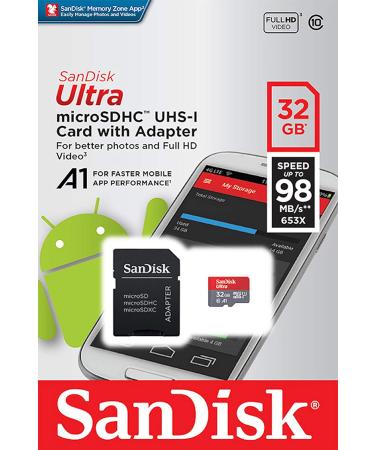 SanDisk 32GB Ultra MicroSDHC Memory Card with Adapter - 98MB/s, C10, U1, A1, Full HD - SDSQUAR-032G-GN6MA - Buy Online on SooperMarket.com
