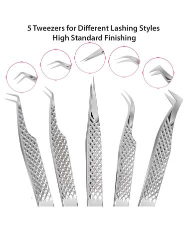 GTEX Lash Tweezers Set of 5 - Japanese Stainless Steel, Straight & Curved, 45 & 90 Volume Eyelash Extensions - Silver - Buy Online on SooperMarket.com