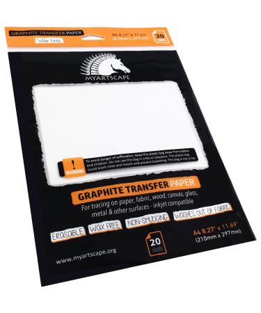 MyArtscape Graphite Transfer Paper, 20 White Sheets - Wax Free - Erasable - Smudge-Free - Ideal for Drawing and Tracing - Premium Arts and Crafts Supplies