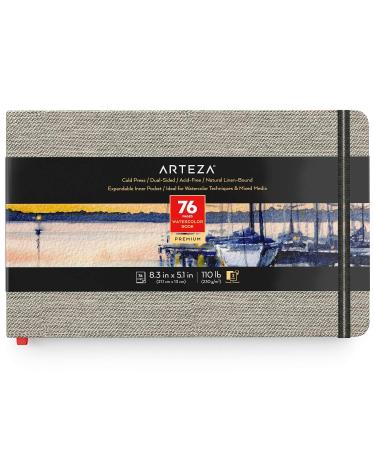Arteza Watercolor Sketchbook, 8.3 x 5.1 Inches, 76-Page Journal with 110lb Cold Press Watercolor Paper, Inner Pocket, and Elastic Strap, Art Supplies for Watercolor and Mixed Media 5.1x8.3" 1 Pack