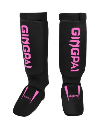 Combat Sports Washable MMA Elastic Cloth Shin&Instep Padded Guards, Premium Leg Protective Gear Guards&Pads - Ideal Shin Guard for Shin Protection, Wrestling, Sparring, Muay Thai, Kickboxing & Karate Black Pink Medium