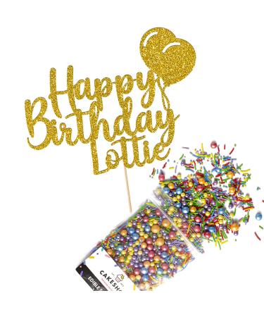 Cakeshop Cake Decoration Pack | Happy Birthday Premium Double Sided Glitter Card Cake Topper Sign & 25g Party Pack of Cake Sugar Sprinkles | Custom Name Cake Decorations (Gold) Non-Prime Glitter Card: Gold