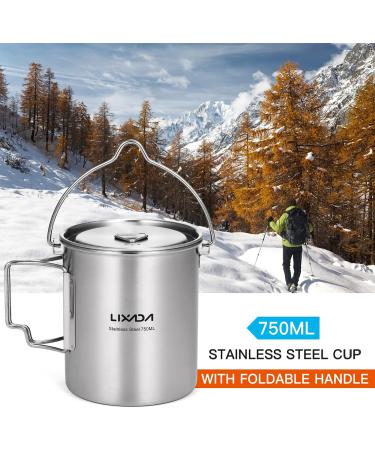 Lixada 750ml Stainless Steel Camping Cup Pot with Foldable Handles and Lid - Ideal for Outdoor Camping, Hiking, and Backpacking - Buy Online on SooperMarket.com