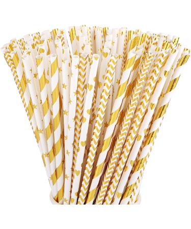 ALINK Biodegradable Gold Paper Straws Bulk, Pack of 100 Metallic Foil Striped/Wave/Heart/Star Straws for Birthday, Wedding, Bridal/Baby Shower, Celebrations and Party Supplies