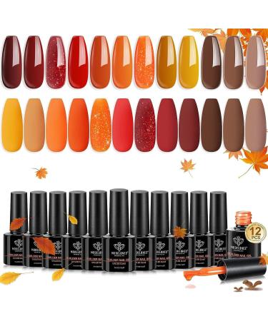 Modelones 12 Colors Builder Gel Set Fall Winter Gel Builder Glitter Red Orange Brown Hard Gel Builder Nail Strengthener Extension Gel Color Base Gel Rhinestone Builder Gel in a Bottle