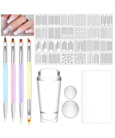 French Tip Nail Stamp Kit with French Nail Guide Stickers and Nail Art Brush Dual Head Silicone Nail Stamper French Nail Design Tools