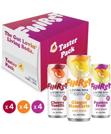 FHIRST Living Soda Taster Pack | Probiotic/Prebiotic Soda for Gut Health| Ginger Mandarin Cherry Vanilla & Passion Fruit Flavours | Zero Sugar or Sweetener | Mix pack - 12 x 330ml - Buy Online on SooperMarket.com