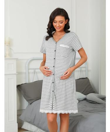 Uniexcosm Maternity Nursing Nightdress XL - Soft Button Down Nightgown | Stripe Sleepwear for Women - Light Grey - Buy Online on SooperMarket.com