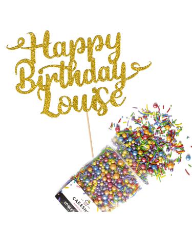 Cakeshop Cake Decoration Pack | Happy Birthday Premium Double Sided Glitter Card Cake Topper Sign & 25g Party Pack of Cake Sugar Sprinkles | Custom Name Cake Decorations (Gold) Non-Prime Glitter Card: Gold
