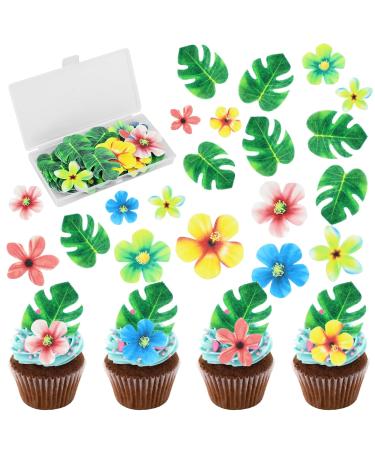 83pcs Edible Cake Decorations Include 48PcsEdible Tropical Turtle Leaves 35Pcs Edible Flowers Cupcake Toppers Wafer Paper Palm Leaf Flower for Hawaii Aloha Jungle Theme Wedding Birthday Baby Shower