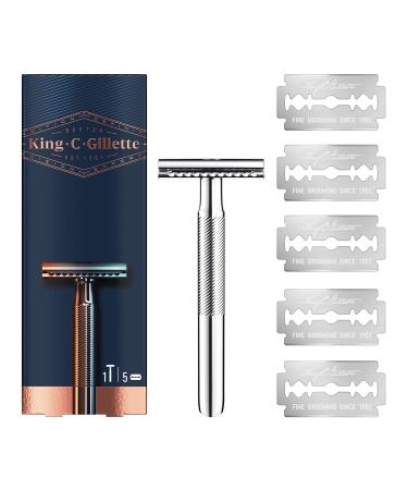 King C. Gillette Double Edge Safety Razor for Men, 5 Platinum Coated Double Edge Razor Blades, Gifts for Men