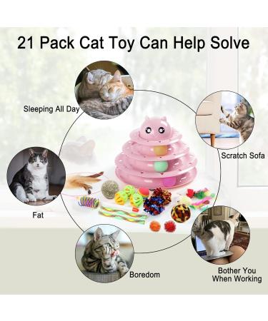 Suhaco 21 Pack Cat Toys for Indoor Cats Interactive Kitten Toy Fun Roller 3 Level Cat Ball Toys with Catnip Ball Self Play Cat Feather Wand Kitty Toy for Boredom (Pink) 21 Pack Pink - Buy Online on SooperMarket.com