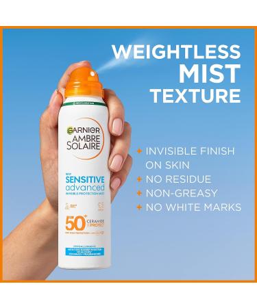 Garnier Ambre Solaire SPF 50+ Sensitive Advanced Dry Mist Sun Cream Spray Water Resistant & Non Greasy Sunscreen Fragrance Free UVA & UVB Protection Approved by Cruelty Free International 150ml 150 ml (Pack of 2) - Buy Online on SooperMarket.com
