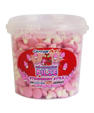 CAPTAIN PLAY Foam Sugar Mushrooms Strawberry 500g Party Bucket Sweets Bulk pack with delicious retro sweets