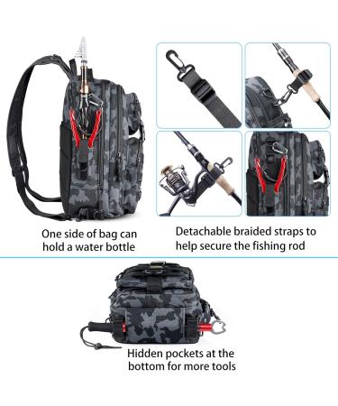 PLUSINNO Fishing Backpack Tackle Bag with Rod Holder - Water-Resistant, Ideal Fishing Gifts for Men - Large Black Camo (16.5*10.5*5.5inch) - Buy Online on SooperMarket.com