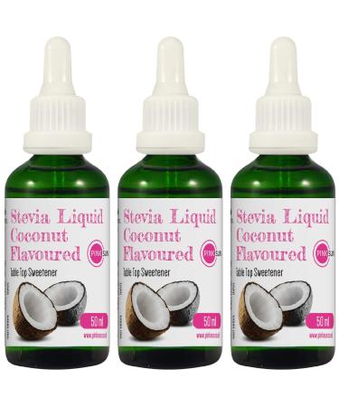 PINK SUN Stevia Liquid Sweetener Drops 50ml Coconut Flavoured x 3 Glass Dropper Bottles Natural Sugar Alternative Replacement Vegetarian Vegan Gluten Free Low Carb Non GM Zero Calories Bulk Buy Coconut x 3