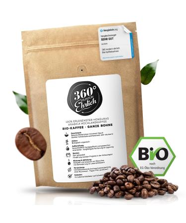 360 Premium organic coffee beans 1000g 100% Honduras highlands Arabica coffee beans organic - delicious mild low in acid - organic coffee Whole beans - ideal as coffee beans fully automatic - 360 All -round honest caramel 1 kg (1 Pack)