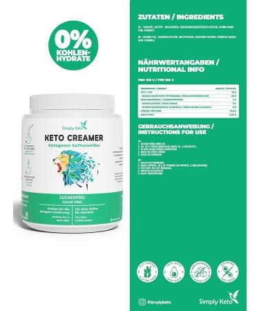 Simply Keto Creamer 450g - Sugar-Free Ketogenic Coffee Enhancer with Coconut Oil & Pasture Butter - Delicious Milk Coffee Low-Carb & High Taste - Buy Online on SooperMarket.com