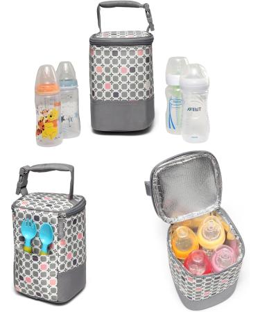 LCY Insulated Baby Bottle Cooler Bag | Holds 4 Bottles | Grey & Pink Dots - Buy Online on SooperMarket.com