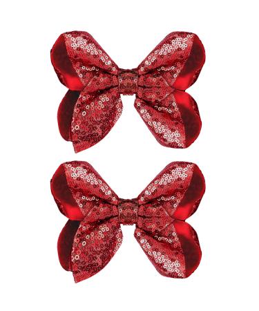WLLHYF 2 PCS 5Inch Sequin Hair Bows Clips  Sequins Large Bows Alligator Hair Clip Hair Barrettes for Girls Toddlers Kids Teens Student Birthday Hairpins Party Gift (Red)