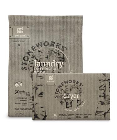 Grab Green Stoneworks Laundry Detergent Pods and Dryer Sheet Bundle, 50 Count Pods and 80 Dryer Sheets, Birch Branch Scent, Plant and Mineral Based Laundry Care Set Birch Branch 80 Count (Pack of 1)