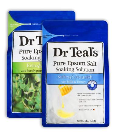 Dr Teal's Epsom Salt Bath Combo Pack (6 lbs Total) Relax & Relief with Eucalyptus & Spearmint and Soften & Nourish with Milk & Honey