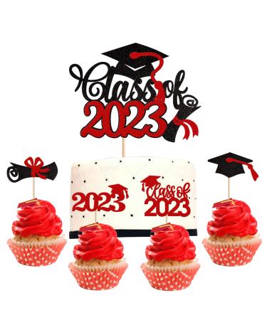 Rsstarxi 25 Pack 2023 Graduation Theme Cake Topper Class of 2023 Cupcake Toppers Glitter Class of 2023 Grad Cap Diploma Cupcake Picks 2023 Graduation Party Cake Decorations Supplies Red Design 6 Red