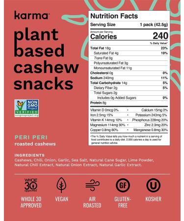 Peri Peri Cashews by Karma Nuts - Savory & Spicy Vegan Snack, 1.5oz (12 Packs), Gluten Free, Low Carb - Buy Online on SooperMarket.com