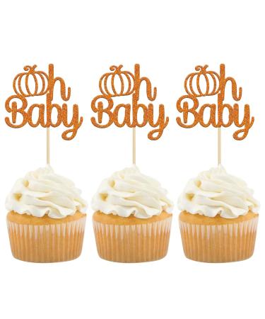 Gyufise 24Pcs Pumpkin Oh Baby Cupcake Toppers Orange Glitter Fall Theme Cupcake Picks Pumpkin Themed Baby Shower Birthday Thanksgiving Halloween Party Cake Decorations Supplies