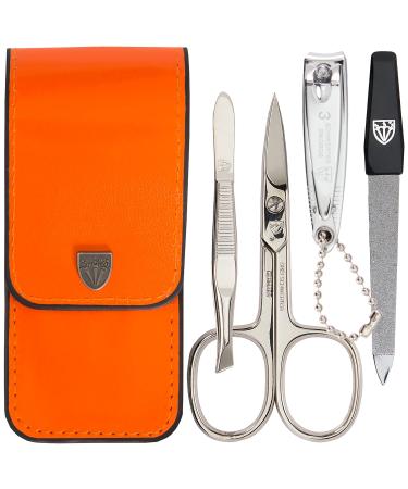 Three swords - 4 pcs.Nail care set 'Capri' |High quality nailetui for manicure and pedicure.Color: orange synthetic leather |Contents: nail scissors nail clippers tweezers sapphire nail files orange - synthetic leather