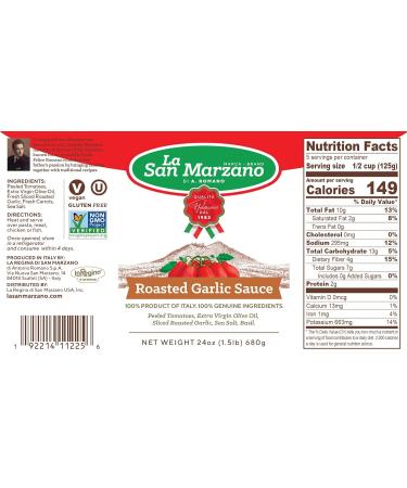 La San Marzano Roasted Garlic Pasta Sauce - 100% Product of Italy, 24 Oz Jar (Pack of 2) - Made with San Marzano Tomatoes DOP Quality - Buy Online on SooperMarket.com
