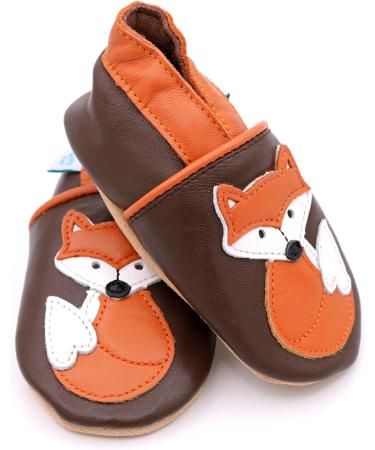 Dotty Fish Soft Leather Baby Shoes for Boys | Non Slip Toddler Shoes with Brown and Orange Fox Design | 0-6 Months - 4-5 Years - Buy Online on SooperMarket.com