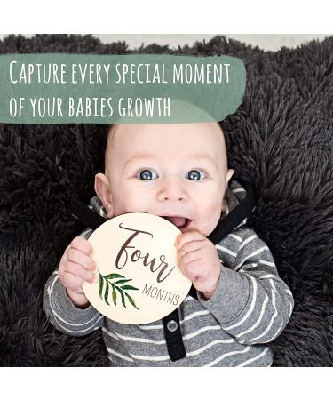 Baby Monthly Milestone Cards - Reversible Wooden Discs for Newborn Photography - Includes Announcement & Hello World Sign - Buy Online on SooperMarket.com