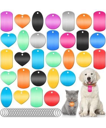 30PCS Blank Dog Tags for Engraving  Aluminum Dog Tags with Ring for DIY Decorative Craft Pendant with Hole for Pet Dog Cat Name Phone Number Metal Stamping Tags (Round  Rectangle  Oval  Heart)