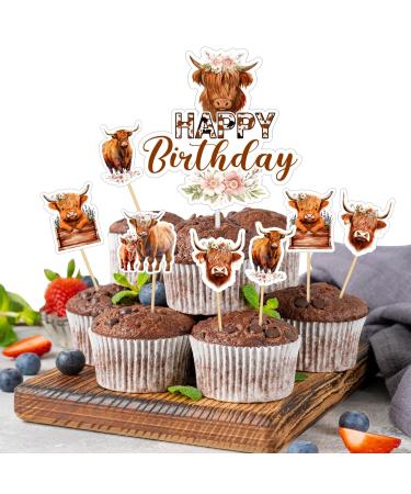 Tanlade 61 Pcs Highland Cow Cake Topper and Highland Cow Cupcake Topper Highland Cow Birthday Decorations Highland Cattle Cake Decorations for Farm Animal Zoo Boy Girl Birthday Party Decor
