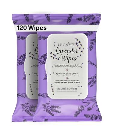 BeautyFrizz Lavender Face Cleansing Wipes - 120 pcs - Gentle Makeup Remover Wipes for Face and Neck - Facial Wipes with Aloe, Retinol, Castor and Vitamin E - Stay Fresh with Lavender Face Wipes