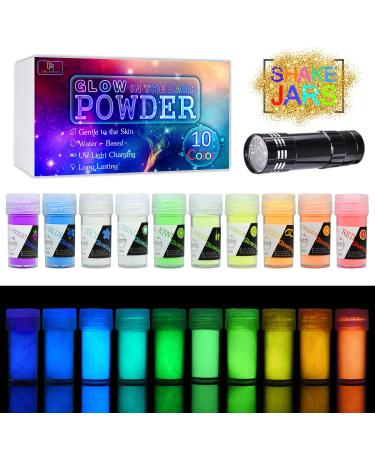 10 Color Glow In The Dark Pigment Powder with UV Lamp - Epoxy Resin Luminous Powder for Slime Kit Skin Safe Long Lasting Self Glowing Dye for DIY Nail Art Acrylic Paint Fine Art  0.7oz Each(Total 7oz)