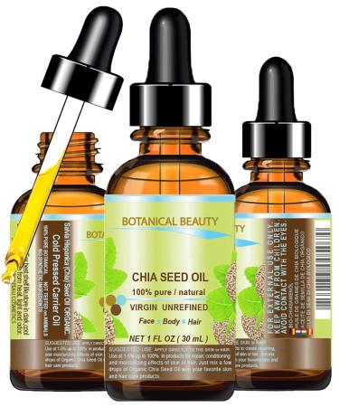 ORGANIC CHIA SEED OIL. 100% Pure / Natural / Undiluted / Cold Pressed Carrier Oil for Skin Hair Lip and Nail Care. "A remarkable and stable source of omega-3 6 9 B-vitamins and minerals." 1 1 Fl Oz (Pack of 1)