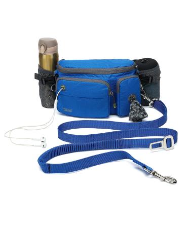 TUDEC 4-in-1 Hands Free Dog Zero Shock Absorbing Bungee Leash a Multifunctional Waist Bag 5.8ft/178cm Leash with Car Seat Buckle Buckle and Reflective Threading (Blue)
