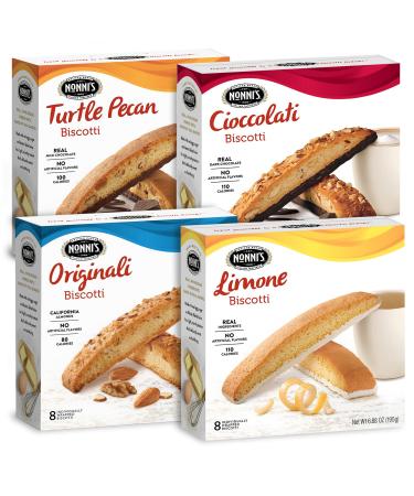 Nonni's 4 Pack Biscotti Italian Cookies - 4 Boxes Italian Biscotti Cookies - Limone Originali Turtle Pecan & Cioccolati - Biscotti Individually Wrapped Cookies - 100 Calories - Kosher - 8 Cookies Per Box