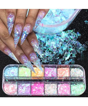 12 Colors Mermaid Flake Nail Art Glitter Irregular Ice Slag Colorful Fluorescent Glass Nail Sequins 3D Holographic Mermaid Flake Sequins Nails Decals Nail Art Supplies for Women Girls DIY Acrylic Nail A-3