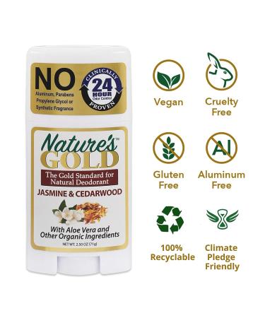 Nature's Gold Natural Hypoallergenic Aluminum-Free Deodorant | Aloe Vera Infused | Safe for Sensitive Skin | Stain-Free | Jasmine & Cedarwood Scent | Includes Free Organic Lip Balm - Buy Online on SooperMarket.com