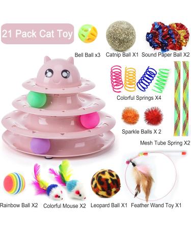 Suhaco 21 Pack Cat Toys for Indoor Cats Interactive Kitten Toy Fun Roller 3 Level Cat Ball Toys with Catnip Ball Self Play Cat Feather Wand Kitty Toy for Boredom (Pink) 21 Pack Pink - Buy Online on SooperMarket.com