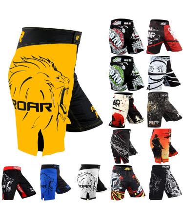 ROAR MMA Fight Shorts UFC Grappling Muay Thai BJJ Training Jiu Jitsu No Gi Wear Large Yellow/Black