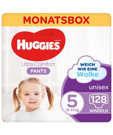 Huggies Ultra Comfort Pants Size 5 12 to 17 kg for active children with wettery and cloud-waist bundle technology 128 diapers monthly box monthly pack large pack size 5 (128 pack)