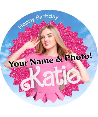 Barbie style Personalised Round Icing Cake Topper up to 8"
