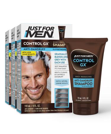 Just For Men Control GX Grey Reducing Anti-Dandruff Shampoo, Gradual Hair Color, Controls Dandruff with Zinc Treatment, 4 Fl Oz - Pack of 3 (Packaging May Vary) 4 Fl Oz (Pack of 3)